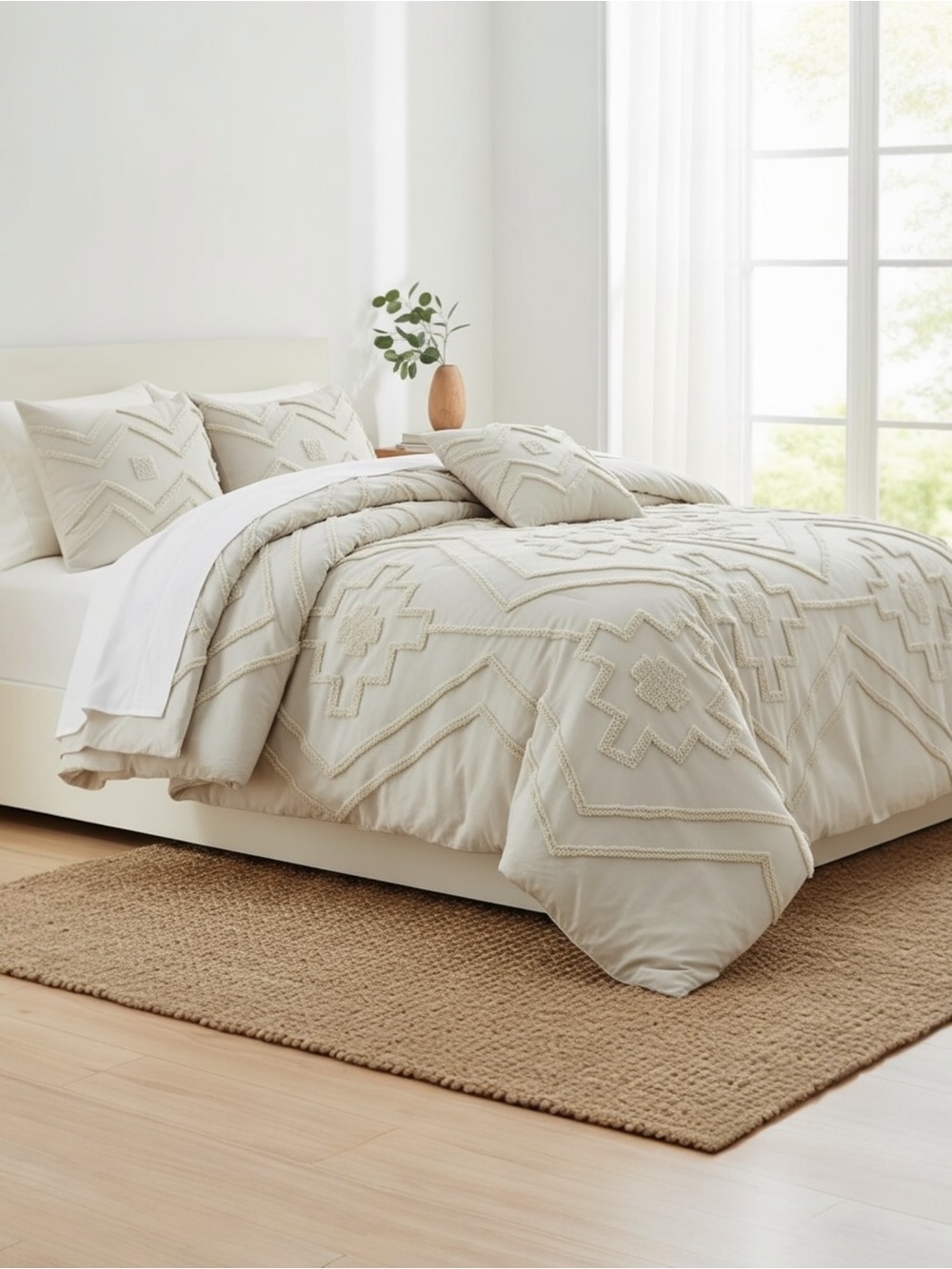 NEW Anthro Ivory Beige Tufted Floral Queen King Boho Comforter Bedding Sham Set